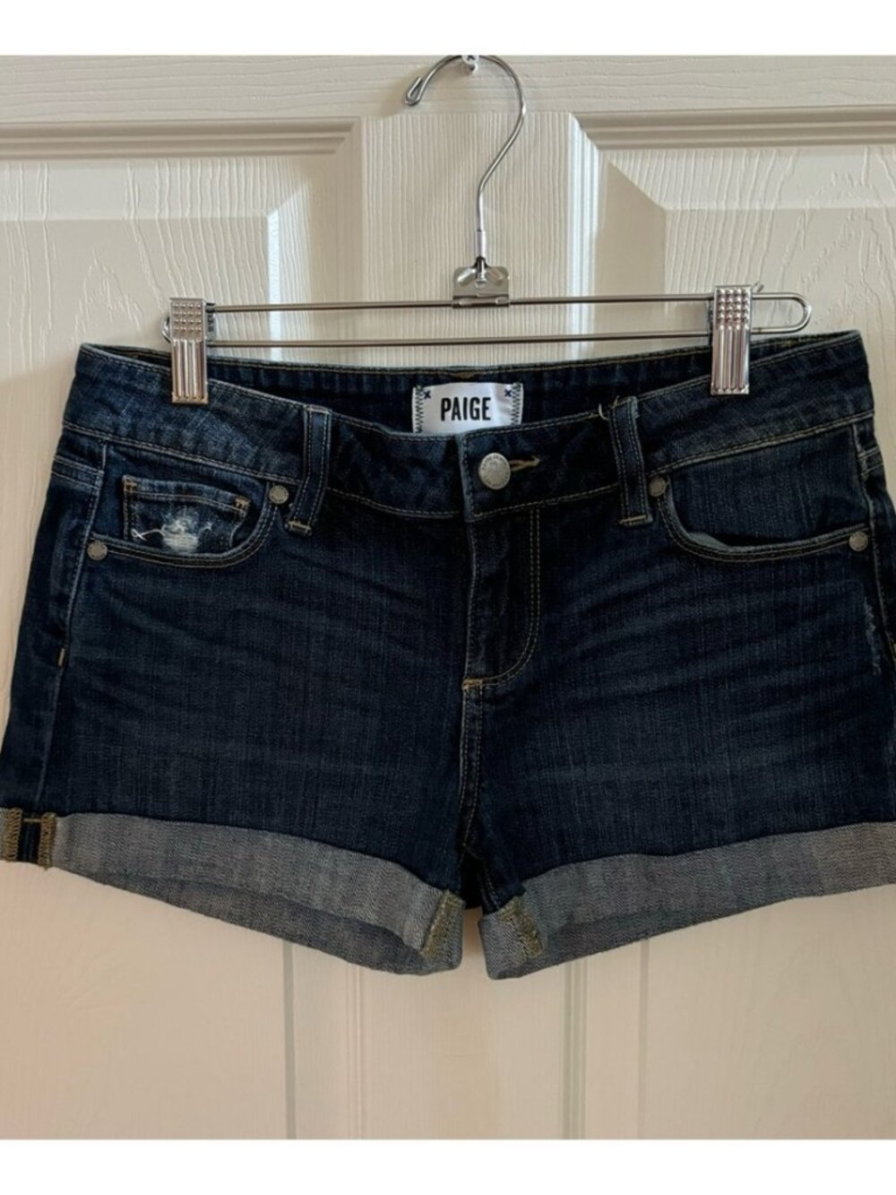 Women’s Blue Denim Cuffed Distressed Jean Shorts, Size 26
